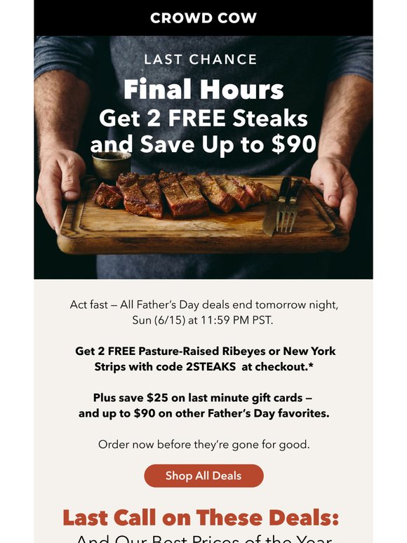 Final Hours: 2 Free Steaks + Save Up to $90 for Dad