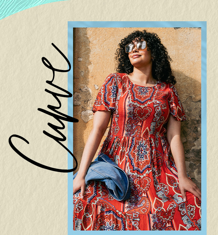 Red Curve Print Shirred Midi Dress