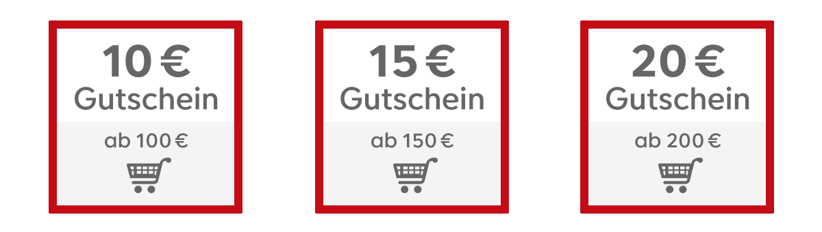 Gutscheinabbildungen der Vorteilsboni im Wert von 10 €, 15 € und 20 €.