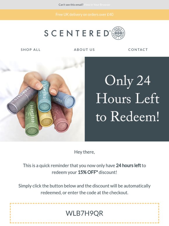 Only 24 hours left to redeem 15% off!