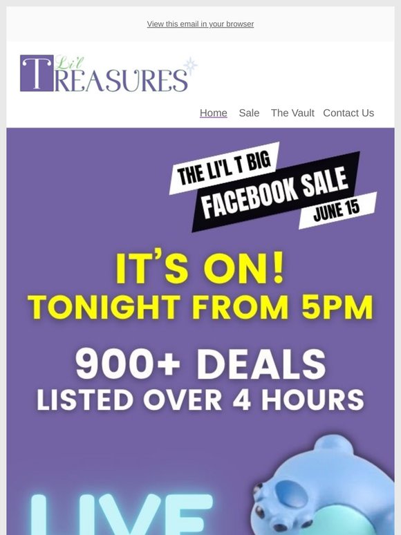 One hour until The Li'l Treasures BIG Facebook Sale starts