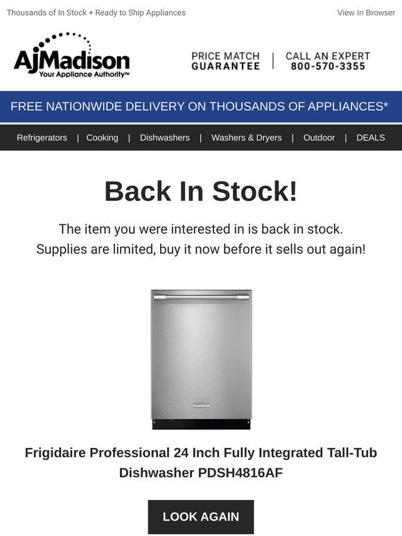 Back in stock! Frigidaire Professional 24 Inch Fully Integrated Tall-Tub Dishwasher PDSH4816AF