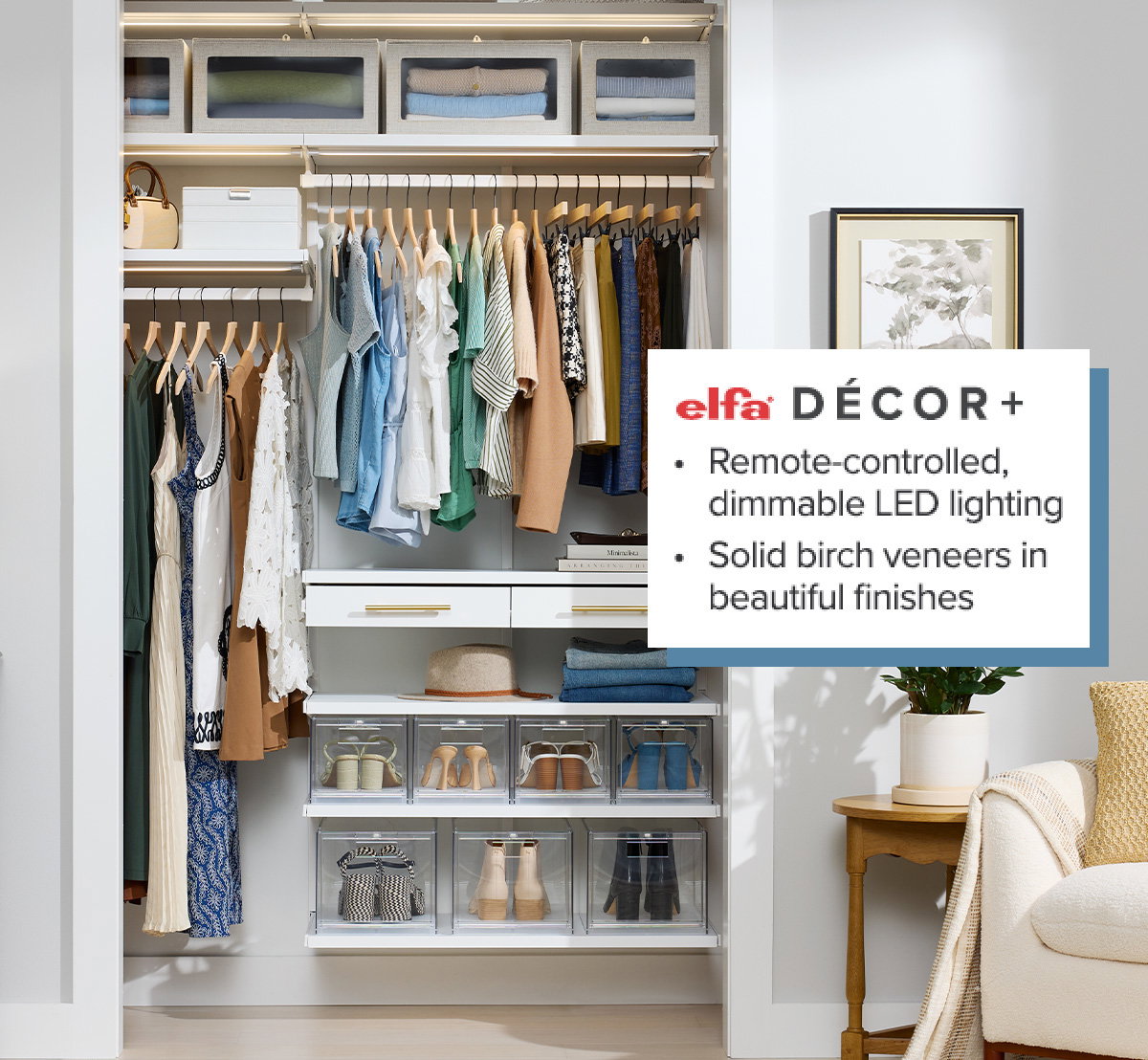 Elfa Decor+ - Remote-controlled, dimmable LED lighting - Solid birch veneers in beautiful finishes
