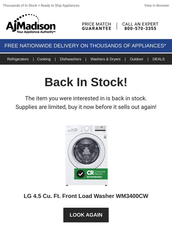 Back in stock! LG 4.5 Cu. Ft. Front Load Washer WM3400CW
