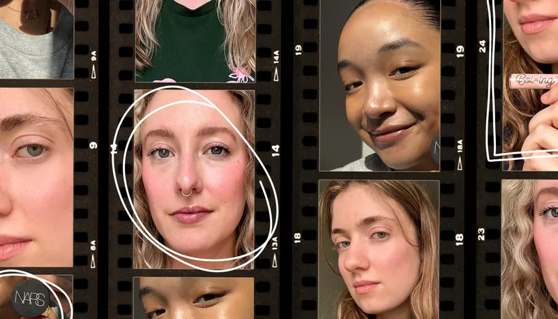 A collage of Allure editors wearing their favorite concealers on a black film layout