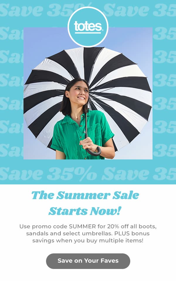 Use promo code SUMMER for 20% off all boots, sandals and select umbrellas. PLUS bonus savings when you buy multiple items!
