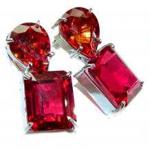 Blooming Rose  baguette cut   19.5 carat Red Topaz .925 Sterling Silver handmade  Statement earrings