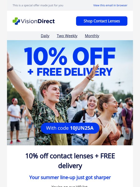 10% Off + FREE delivery = Your summer contact lens Pass