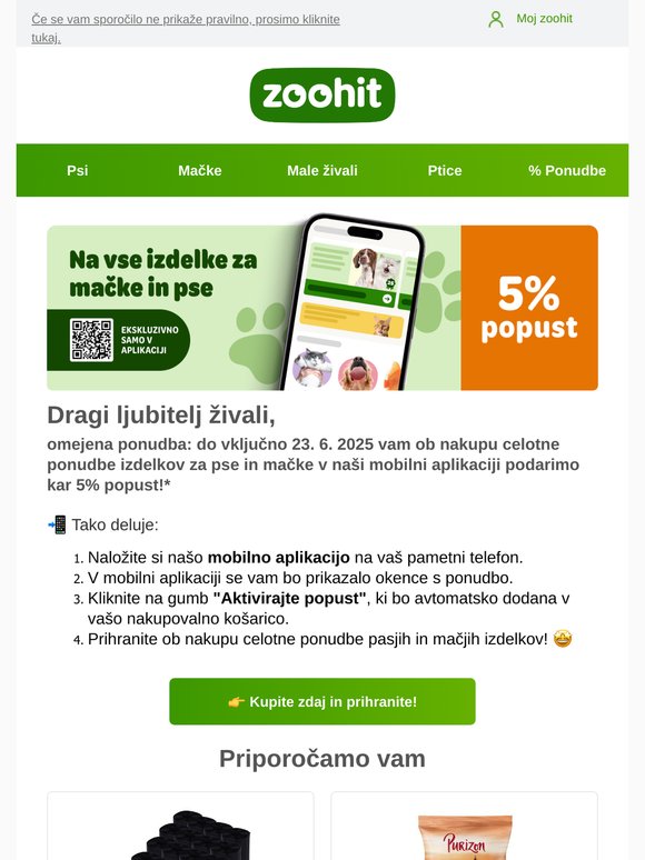 5% popust na vse izdelke za mačke in pse!