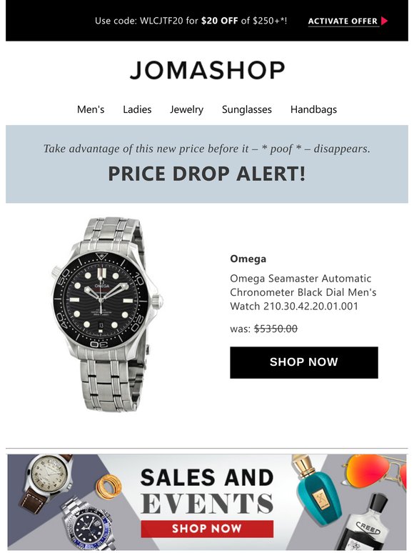 💲 Price drop! The Omega Seamaster Automatic Chronometer Black Dial Men's Watch 210.30.42.20.01.001 is now on sale… 💲