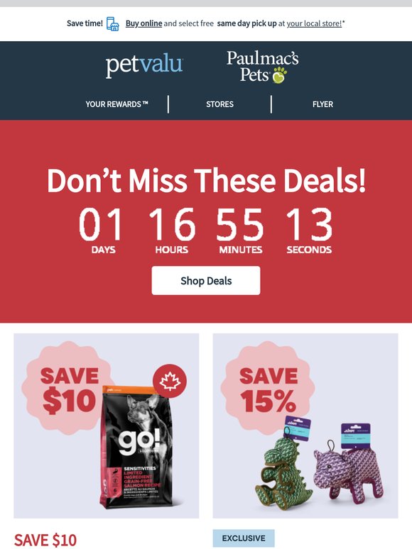Ends Tomorrow! SAVE $10 on Go! Solutions dog food 22 lb bags or larger, 15% OFF JUMP! Tuff Plushies, and more 🐕 🐈 🐹 📣