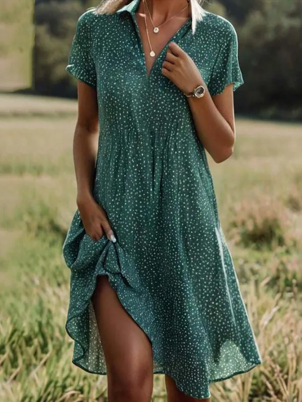Image of Women's Polka Dot Print Lapel Short Sleeve Dress