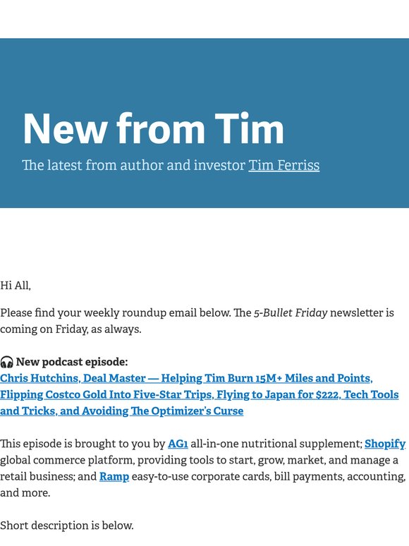 New from Tim — "Chris Hutchins, Deal Master — Helping Tim Burn 15M+ Miles and Points, Flipping Costco Gold Into Five-Star Trips, Flying to Japan for $222, Tech Tools and Tricks, and Avoiding The Optimizer’s Curse"