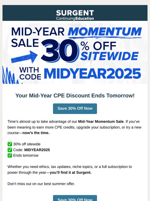 ⏰ Last Chance: 30% Off CPE Savings Ends Tomorrow!