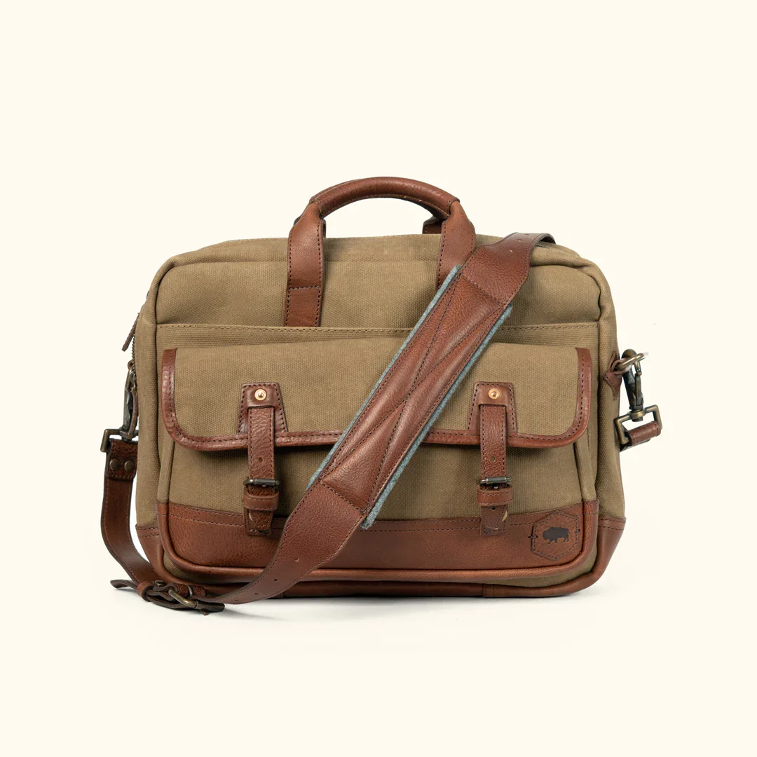 Image of Dakota Reserve Waxed Canvas Leather Briefcase | Field Khaki with Chestnut Brown
