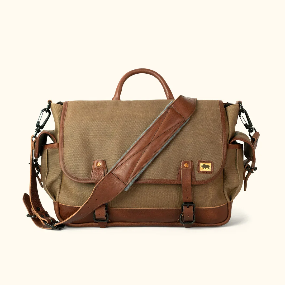 Image of Dakota Waxed Canvas Messenger Bag | Field Khaki w/ Chestnut Brown Leather