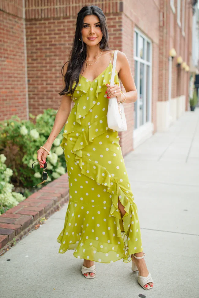 Image of On The Spot Kiwi Ruffle Detail Polka Dot Midi Dress FINAL SALE