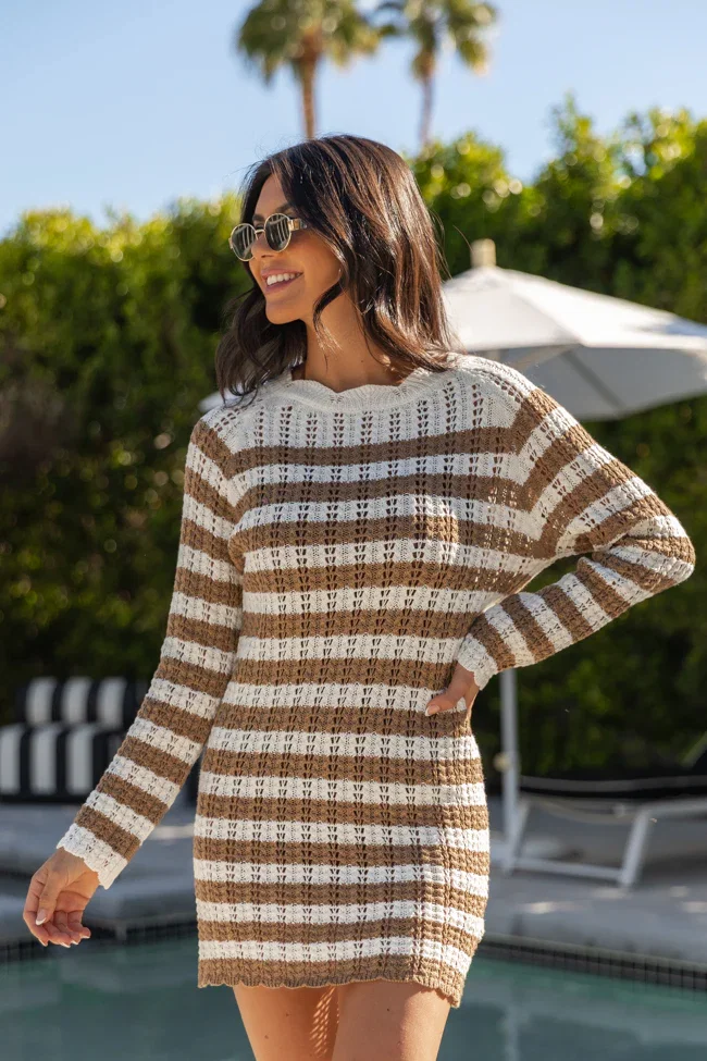 Image of Mai Tai Memories Mocha and Ivory Striped Knit Dress FINAL SALE