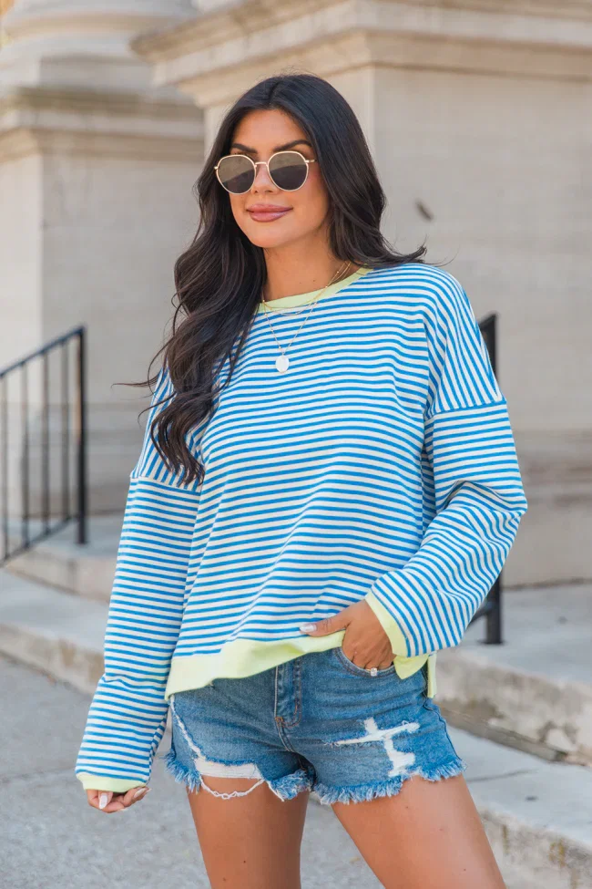 Image of Think On It Blue Striped Contrast Trim Pullover FINAL SALE