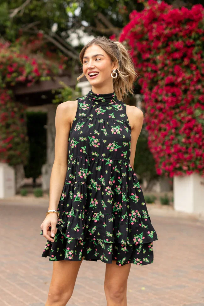 Image of Called It Black Floral Print Mini Dress FINAL SALE