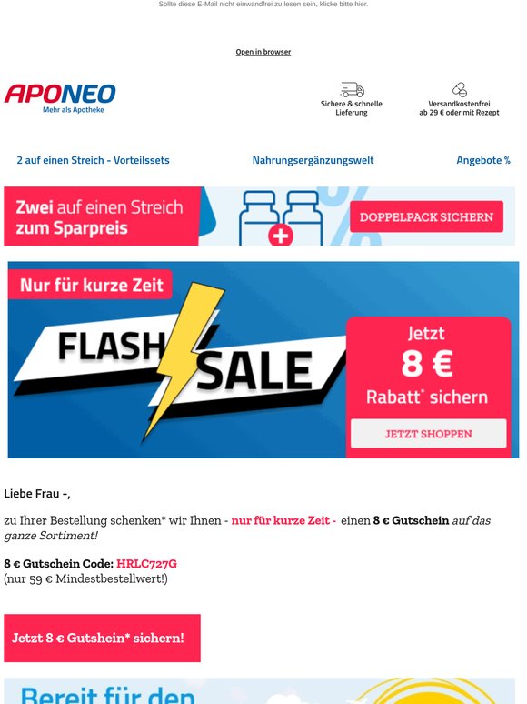 ⚡ FLASH Sale - 8 € Gutschein* - nur 59 € Mindestbestellwert! ⚡