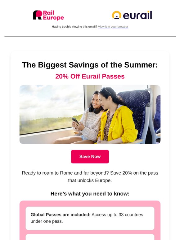 Ready, set, save! First dibs at 20% off Eurail Passes 🚅👏