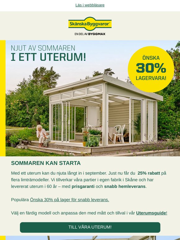 ☀ Bli redo för sommarens projekt med våra lagerförda produkter med snabb leverans. 🌻Kampanj med 30% på uterum och 40% på vår Odla växthusserie! 💥