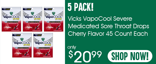 5 Pack - Vicks VapoCool Severe Medicated Sore Throat Drops Cherry Flavor 45 Count Each