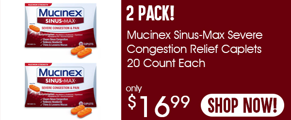 2 Pack - Mucinex Sinus-Max Severe Congestion Relief Caplets 20 Count Each