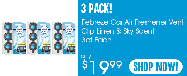 3 Pack - Febreze Car Air Freshener Vent Clip Linen & Sky Scent 3ct Each