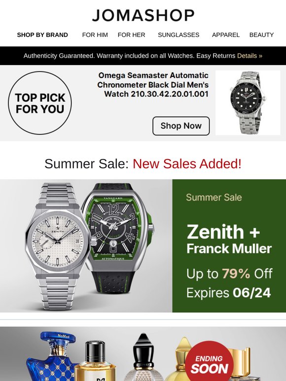 ZENITH • SUMMER FRAGRANCES • HAMILTON • OMEGA • DESIGNER HANDBAGS & MORE