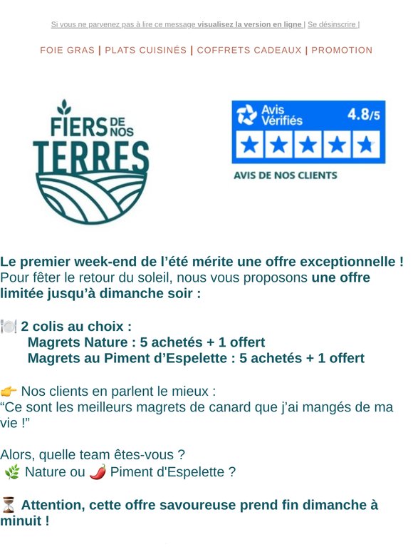 🌞 Offre week-end : 5+1 magret offert – Nature ou Piment ?