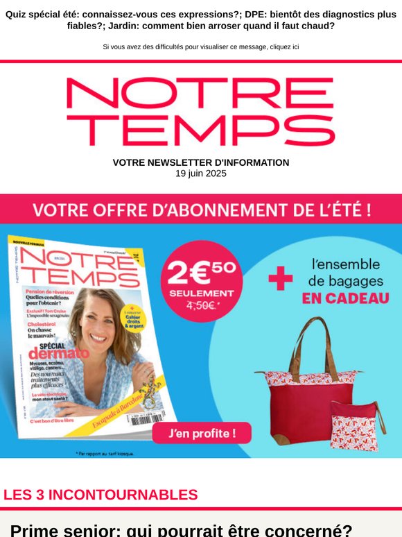 📌 Prime senior: qui pourrait être concerné?; Peut-on utiliser la crème solaire de l'an dernier?; Cette ville du Cantal est l'un des plus beaux villages de France