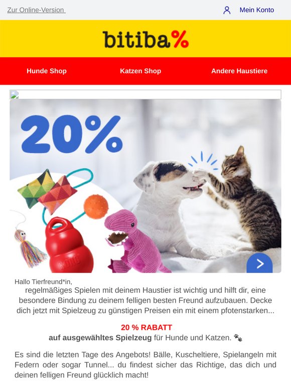 ERINNERUNG: 20% Rabatt auf Spielzeug für Hunde und Katzen ⚡