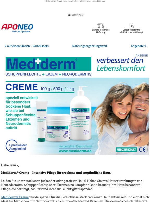 20 % Extra-Rabatt* auf Mediderm = intensive Pflege für trockene und empfindliche Haut!