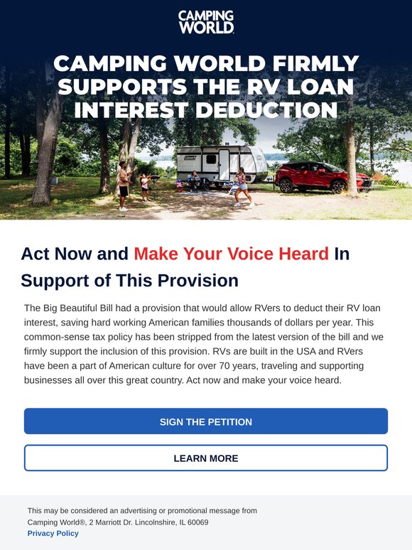 URGENT MESSAGE: The RV Loan Interest Deduction is at risk.