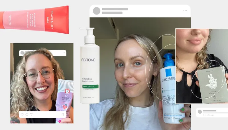 A collage of keratosis pilaris treatments and photos of women holding bottles