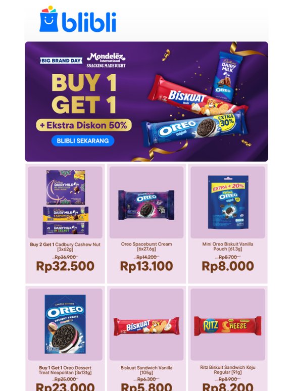 🍫 🍪 Cadbury, Oreo, Biskuat hingga Ritz Crackers: Buy 1 Get 1 +Ekstra Diskon 50%.