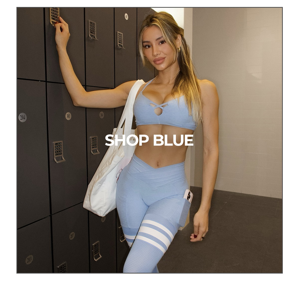 image of model wearing Pastel Thigh-High set in Bright Hydrangea with text