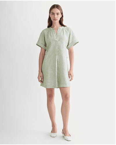 [Image]The Popover Dress in Linen | Oil Green / White