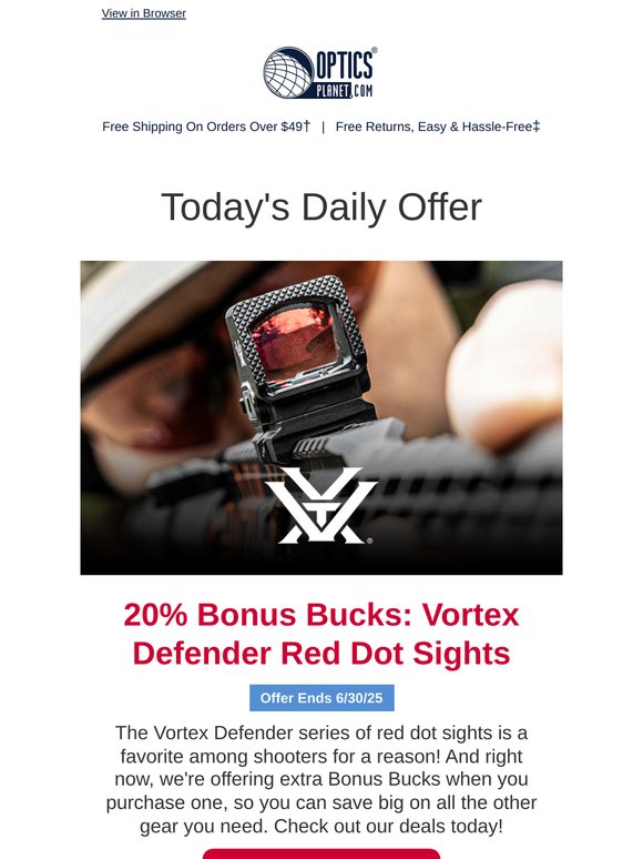 20% Bonus Bucks on Vortex Defender Red Dots