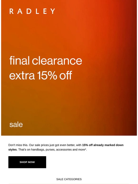 FINAL CLEARANCE: extra 15% off sale
