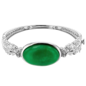 Green Jadeite Rhodium Over Sterling Silver Dragon Bangle Bracelet
