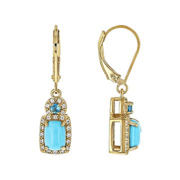 Blue Sleeping Beauty Turquoise, Neon Apatite & Zircon 18k Yellow Gold Over Silver Earrings 0.08ctw