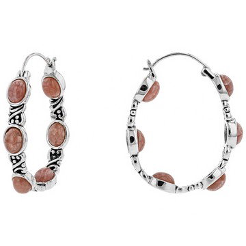 Oval Cabochon Rhodochrosite Sterling Silver Hoop Earrings 7x5mm