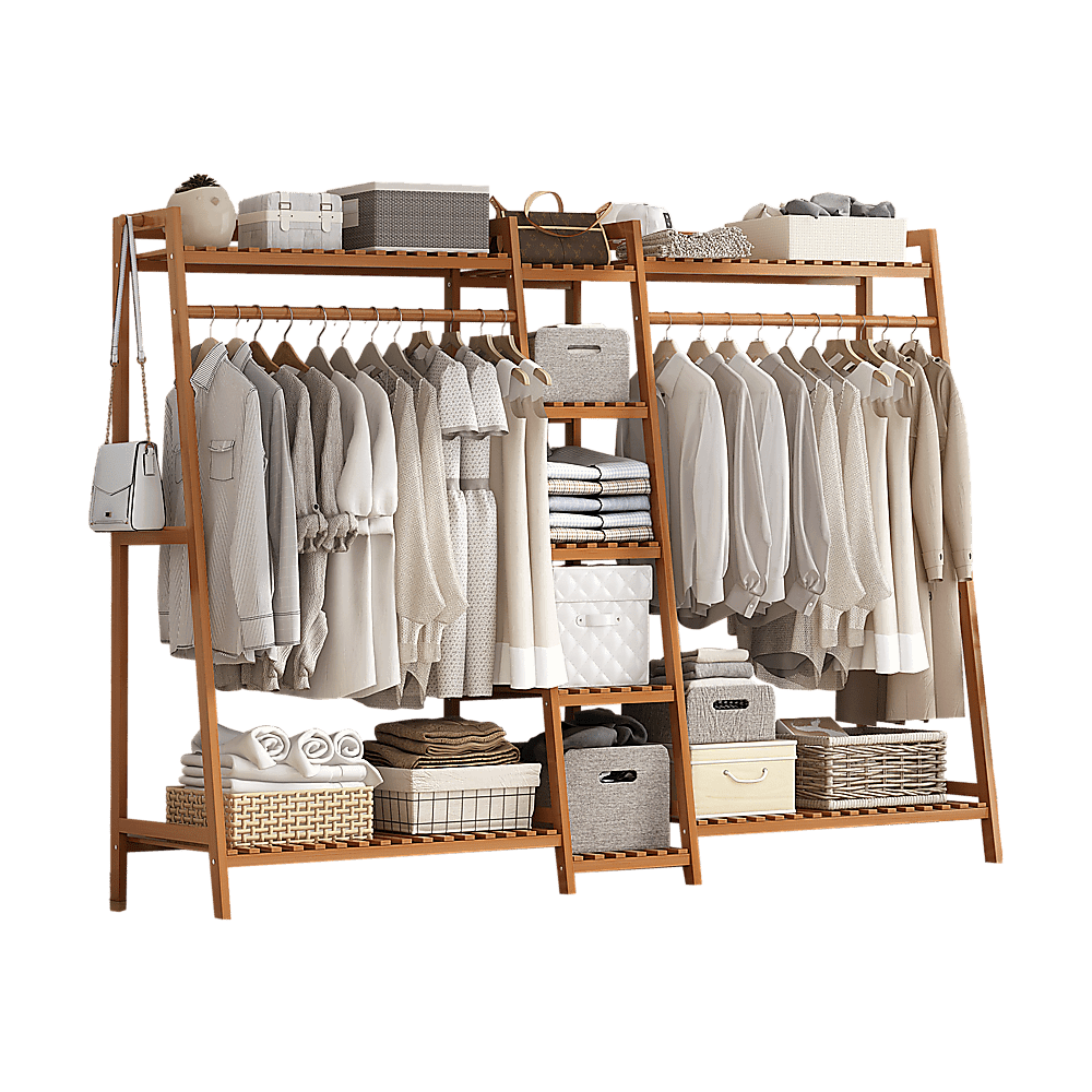 Portable Clothes Rack Coat Garment Stand Bamboo Rail Hanger Airer Closet