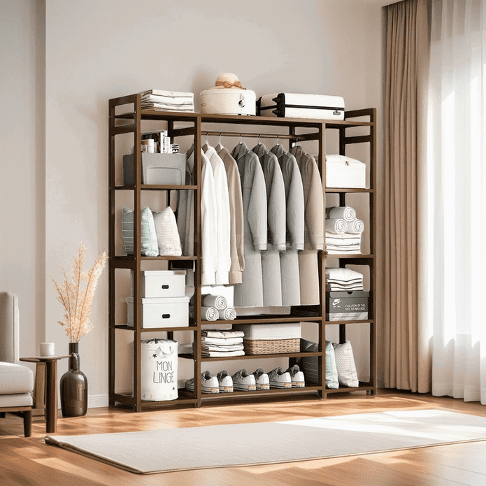 Bamboo Clothes Rack Garment Closet Storage Organizer Hanging Rail Shelf Dress room 130cm