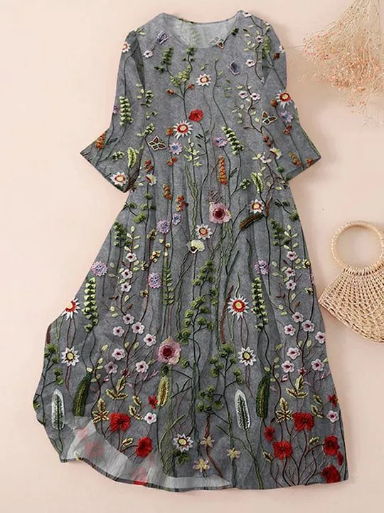 Image of Women's Three Quarter Sleeve Spring/Fall Gray Floral Printing Crew Neck Daily Going Out Casual Maxi H-Line Classic Dress
