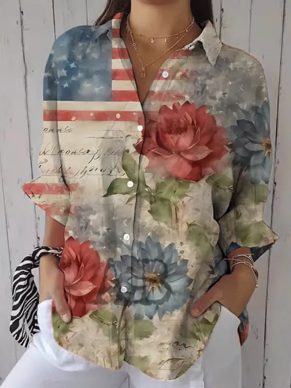Image of Women's Independence Day Floral Print Casual Shirt