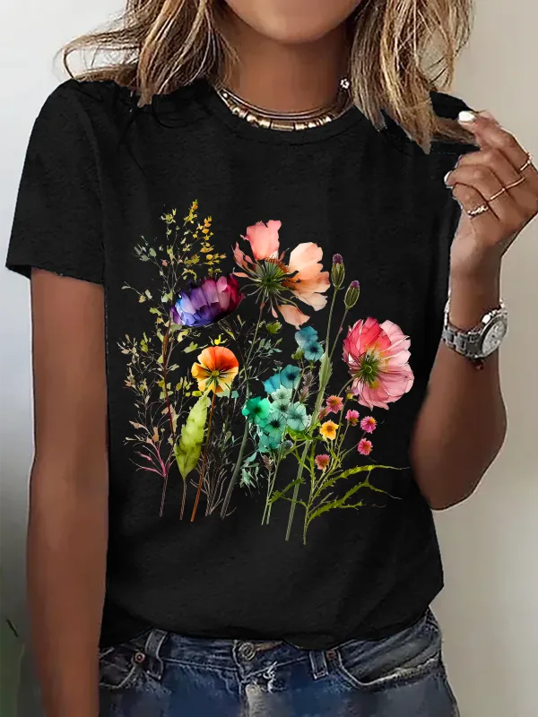 Image of Womens Cotton Floral Crew Neck T Shirts Cotton T-Shirt